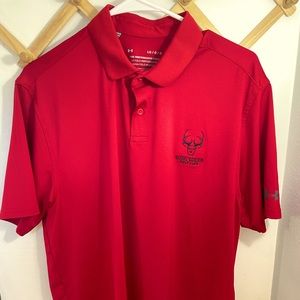 Size Large Red Under Armour golf polo with King’s Deer Golf Club logo on chest.